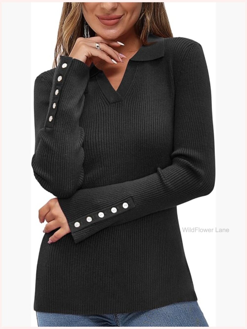 Women's V-Neck Button Cuff Ribbed Knit Pullover Blouse Business Casual Long
